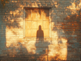 A silhouette of the tall man against an illuminated brick wall, bathed in warm light from above, creating a mysterious and captivating atmosphere. Created with Ai
