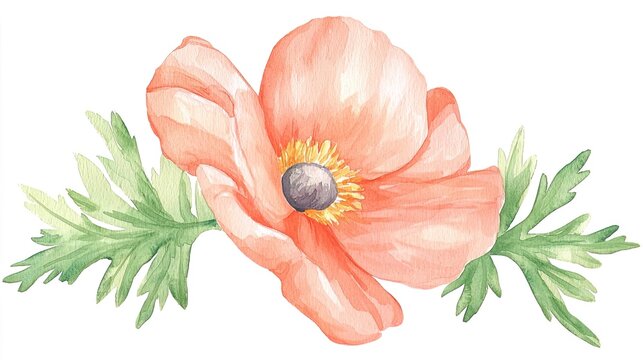 watercolor anemone flower with green leaves clip art preview