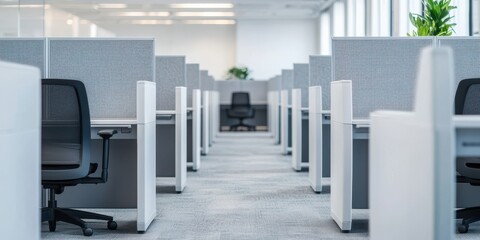 Fototapeta premium Modern office workspace with cubicles and ergonomic chairs, designed for productivity and collaboration.
