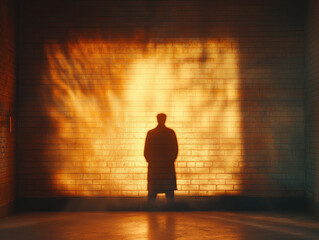 A man stands in the dark room, back to the camera. Golden light shines on his silhouette from behind, and a brick wall is visible behind him. Created with Ai