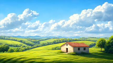 Obraz premium Small House on a Hilltop in a Green Field Illustration