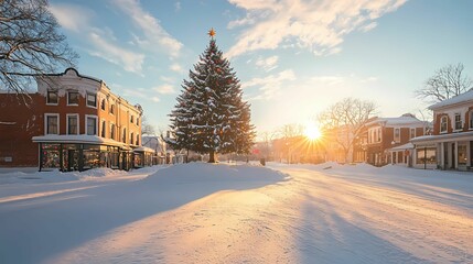 Photograph a picturesque town square covered in snow.