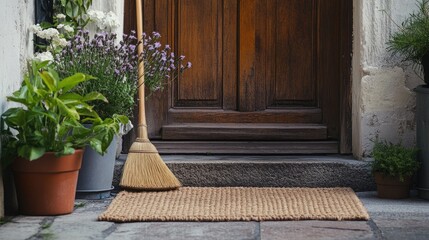 Fototapeta premium A neatly placed broom next to a front door, with a welcome mat and potted plants, ready for a daily clean.
