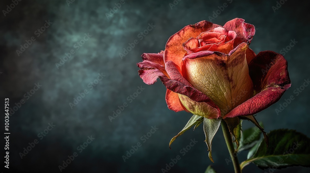 Poster A dramatic shot of a wilted rose with dark, moody lighting, representing the beauty of fading love and the passage of time.