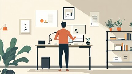 Man Working at a Standing Desk in a Minimalist Office
