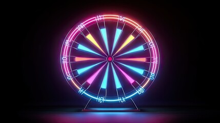 A glowing neon dartboard with vibrant colors stands out against a pitch-black background, its rings illuminated in sharp focus,