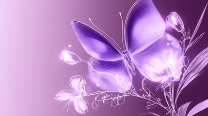 3D render of a simple glowing purple butterfly and flower design on a solid background. 