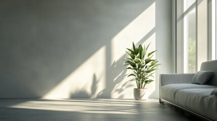 Fototapeta premium Hyper-realistic interior of a minimalist living room, with soft, diffused natural light, a single