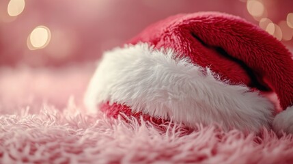 side profile of Santa hat's trim, pastel pink backdrop, detailed white fur and smooth red fabric, subtle highlights, high-definition and festive look.
