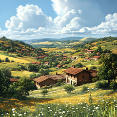 Italian Countryside Village Illustration