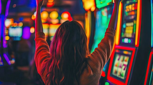 A woman celebrates a big win at a slot machine, colorful lights flashing in a vibrant casino,