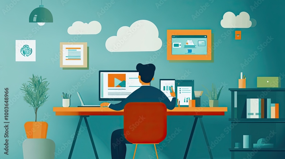 Poster man working at a desk with two computers in a modern office