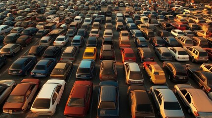 Fototapeta premium Aerial shot of a fully filled parking lot, packed with vehicles, representing parking issues in urban areas and their contribution