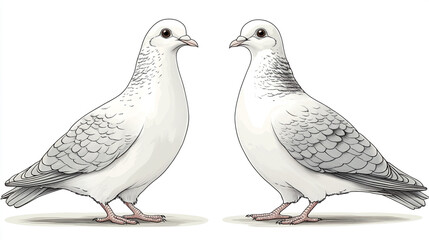 Fototapeta premium Two elegant white pigeons standing side by side, showcasing their delicate features and smooth feathers against a simple background.