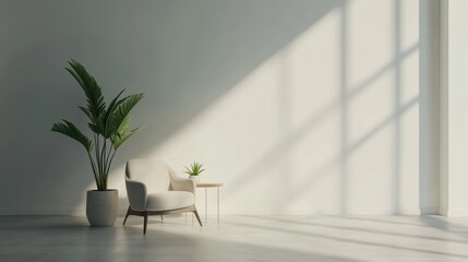 Hyper-realistic minimalist living room, bathed in soft natural light, with a single potted plant