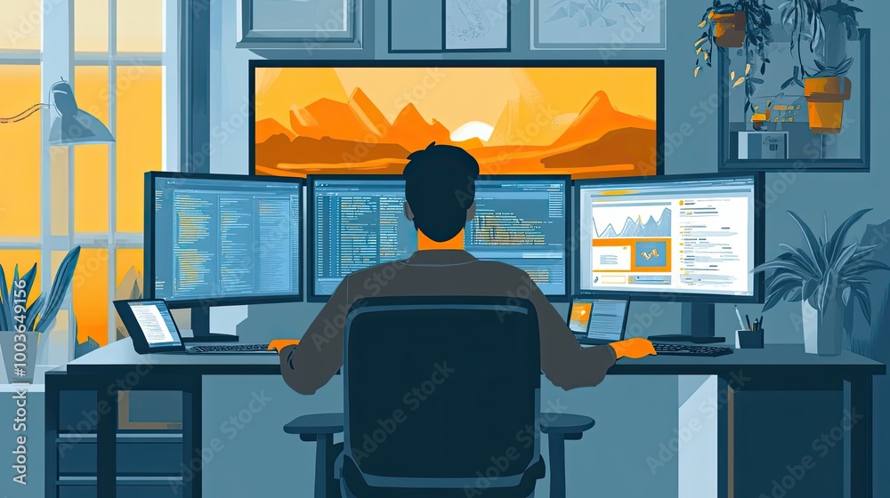 Poster a person working at a computer desk with multiple monitors