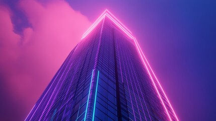 Solitary skyscraper in a synthwave style, providing ample copy space.