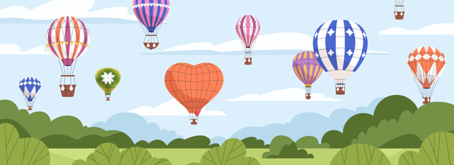 Hot air balloons floating in sky over beautiful nature landscape. Aerial adventure, travel on summer holiday, outdoor festival with many baloons flying in air, panorama. Flat vector illustration © Good Studio