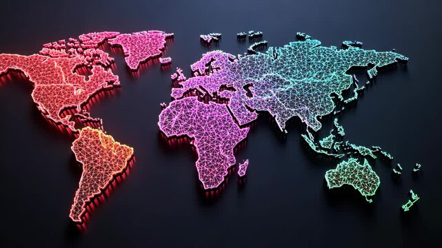 A 3D wireframe map of the world with colorful lights, highlighting continents in red, pink, and blue