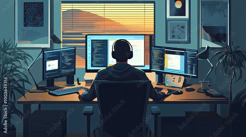 Poster a coder working late at night with a view of a sunset