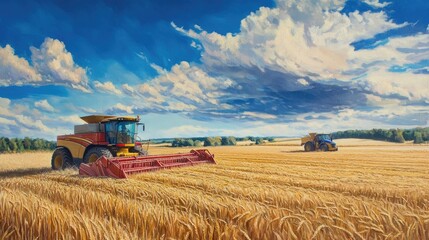 Fototapeta premium Agricultural activity in full swing, with a combine harvester and tractor working side by side, reaping a golden wheat field.