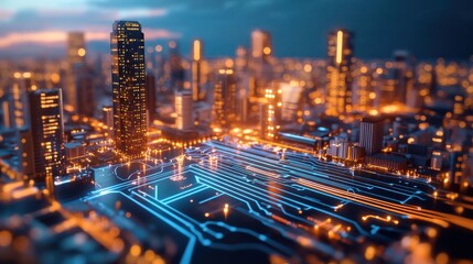 Futuristic cityscape, AI governance, digital control, holographic interfaces 