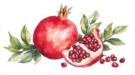 Watercolor clipart of a single pomegranate, isolate on white background