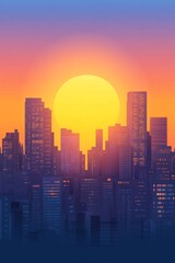 Fototapeta premium Stunning sunset over a modern city skyline with skyscrapers silhouetted against vibrant orange and purple skies