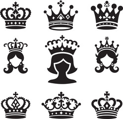 Fototapeta premium Royal King and Queen Crown Silhouette Icon Set Vector illustration on White Background.