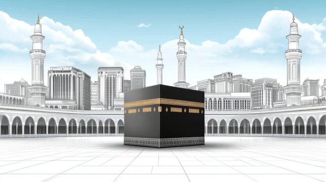 A Detailed Line Art Illustration of the Kaaba in Mecca