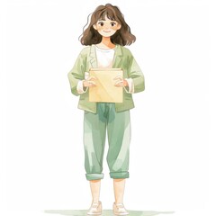 Fototapeta premium Minimalist cartoon-style clip art, full body cute woman holding a gift box, isolated on white background, watercolor style