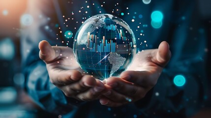 Person's hands hold a glowing globe with data visualizations symbolizing global business growth and technological advancements.