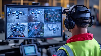 An engineer controlling a fleet of AI-powered drones for industrial surveillance. The screen shows real-time video feeds and AI analysis