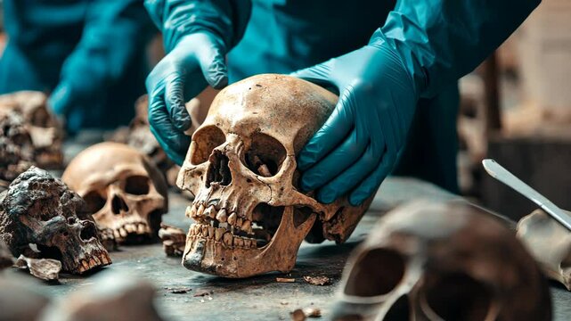 A gloved hand carefully holds a human skull in a lab setting