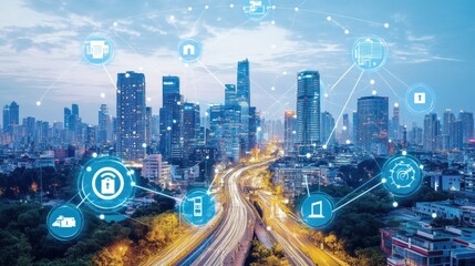 Fototapeta premium Smart City Network with Connected Devices and Buildings