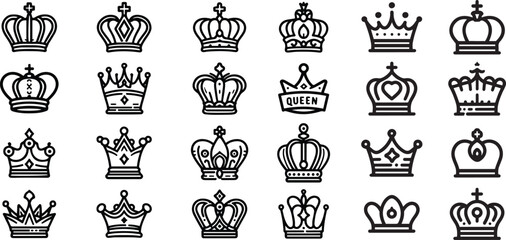 Royal King and Queen Crown Silhouette Icon Set Vector illustration on White Background.