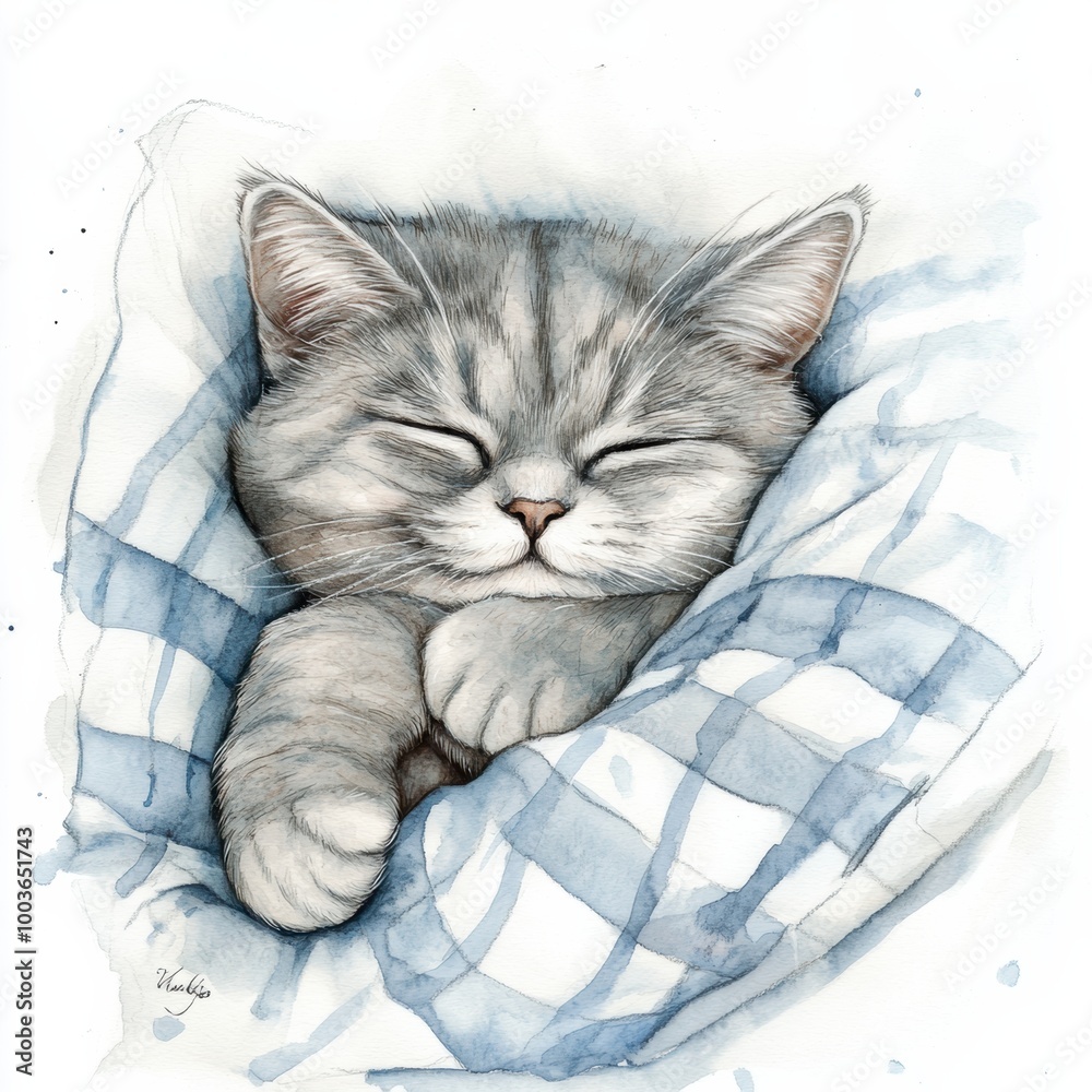 Poster a peaceful sleeping cat tucked into a cozy bedspread on a soft white background during a calm aftern