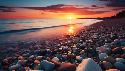 Fototapeta premium Sunset view on the beach full of pebbles
