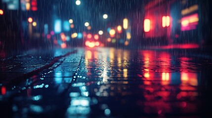 Rainy Urban Scene at Night with Colorful Lights