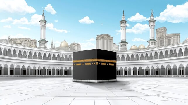 A Detailed Line Art Illustration of the Kaaba in Mecca