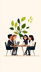 Business professionals gathered around a table discussing strategy flat design top view corporate meeting theme cartoon drawing colored pastel