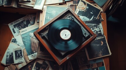 Moody photography of a vintage record player with a vinyl record, surrounded by classic album