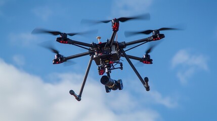 A drone with a high-resolution camera flying in the sky.