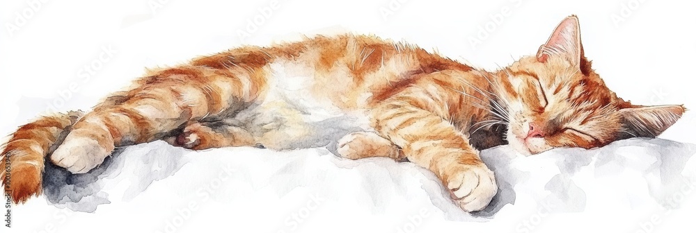 Poster a sleepy cat rests peacefully on a soft bedspread, enjoying a tranquil moment on a bright white back