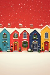 Obraz premium A vibrant row of houses in blue, red, and yellow showcases Christmas wreaths on doors, surrounded by a blanket of snow and decorated for the holiday spirit