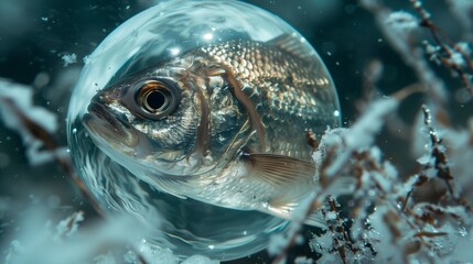 A fish encased in a transparent ice ball, its scales reflecting a soft glow.