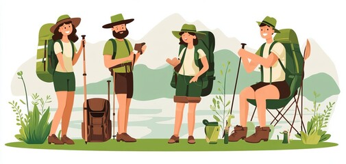 Minimalist travel and exploration flat design, side view, backpacking theme, animation, colored pastel
