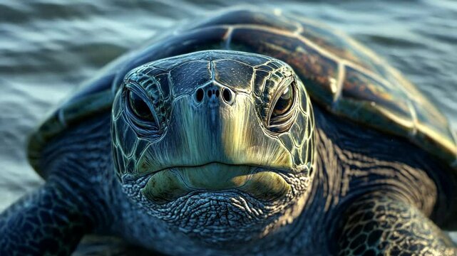 A sea turtle stares intently at the camera, its dark eyes focused and its shell shimmering in the sunlight