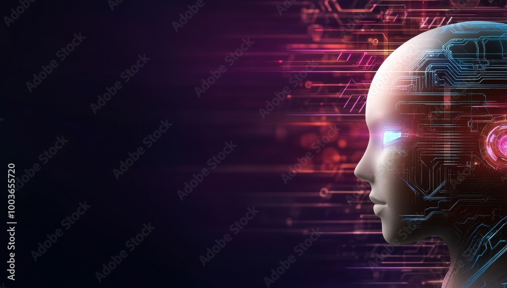 Poster ai robot head with glowing circuit patterns and data streams