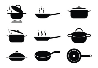  frying pan icons set. Cooking , set of kitchen utensils icons. roasting food logo isolated on white background.
